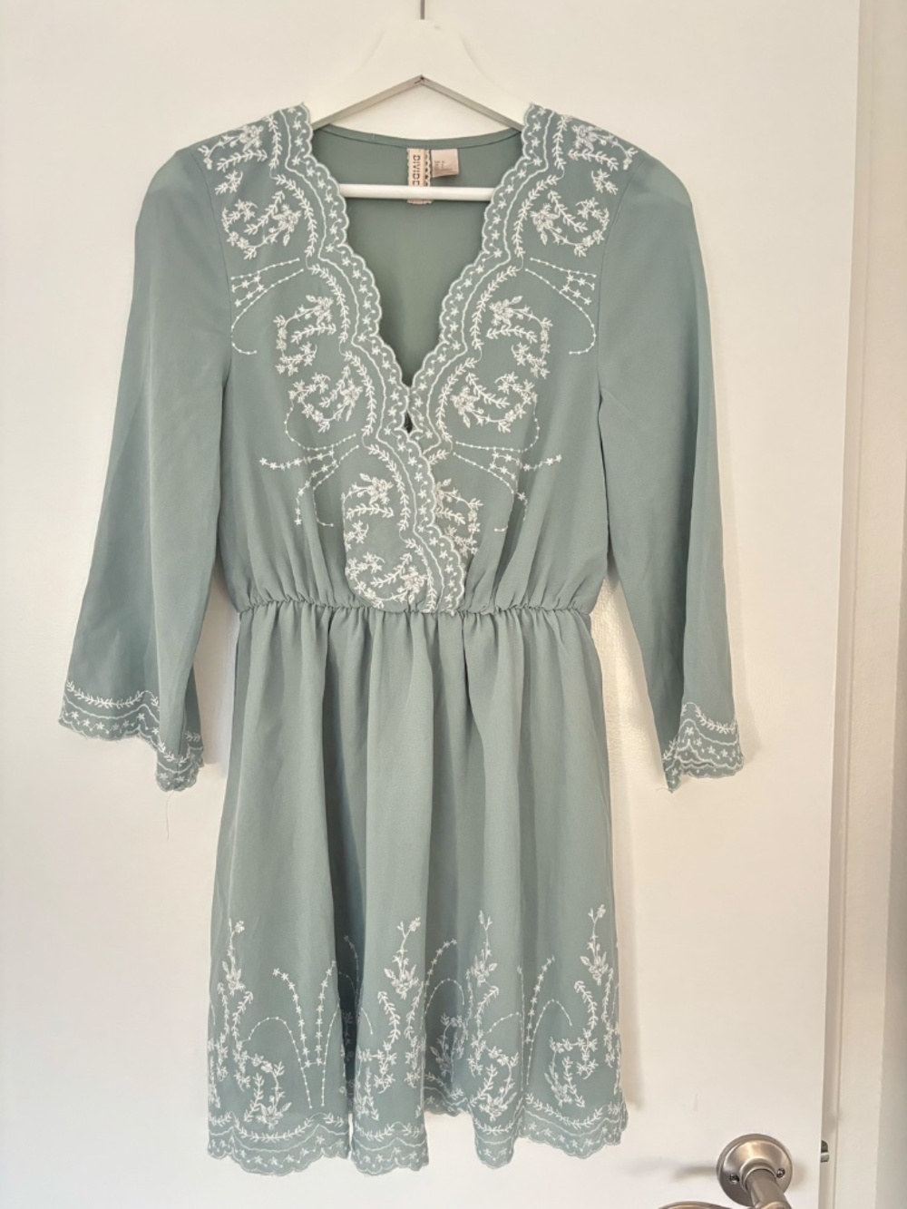 H&M Sage Green Embroidered Boho Mini Dress | 3/4 Sleeve V-Neck - Picture 2 of 6